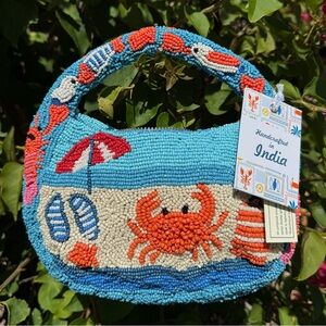 NWT Made in India Crab Seagull Beach Theme Vacation Summer Top Handle Beaded Bag